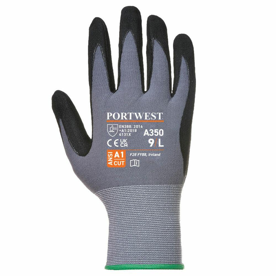 The PW087 protective glove from Portwest is grey and black, features text indicating its size as 9/L, and complies with EN388:2016 standards.