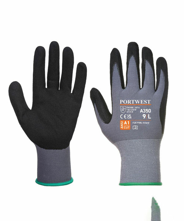 Two grey and black industrial safety gloves with "Portwest" branding and certification markings are displayed, showing both palm and back sides. These gloves are the PW087 model from Portwest.
