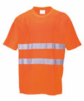 The Portwest PW090 is an orange high-visibility safety shirt featuring two horizontal reflective stripes across the chest.
