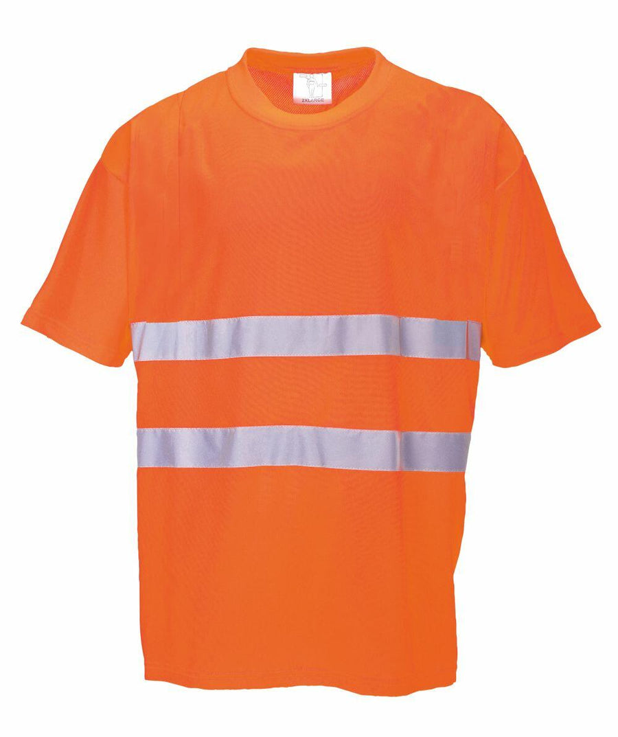 The Portwest PW090 is an orange high-visibility safety shirt featuring two horizontal reflective stripes across the chest.