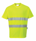The Portwest PW090 high-visibility t-shirt is a vibrant yellow with two horizontal reflective stripes across the chest and waist.