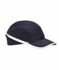 A black cap with a white trim along the brim and edges, featuring a mesh section on the top for ventilation, called PW099 from Portwest.