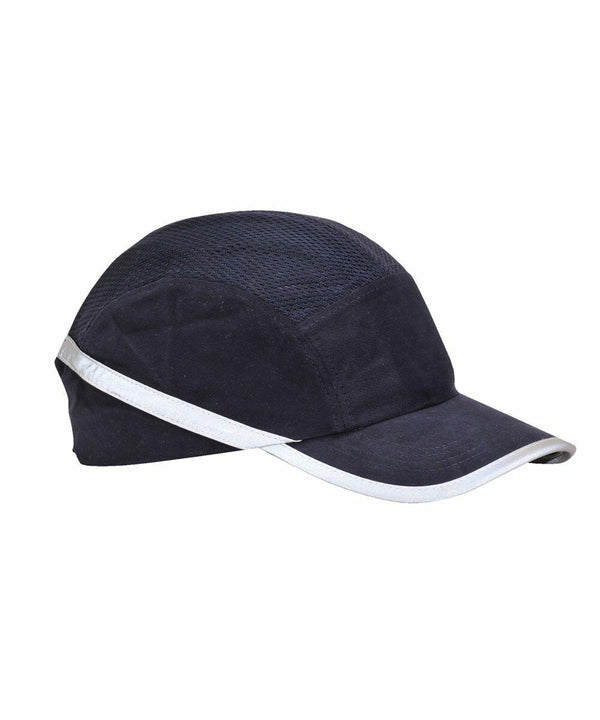 A black cap with a white trim along the brim and edges, featuring a mesh section on the top for ventilation, called PW099 from Portwest.