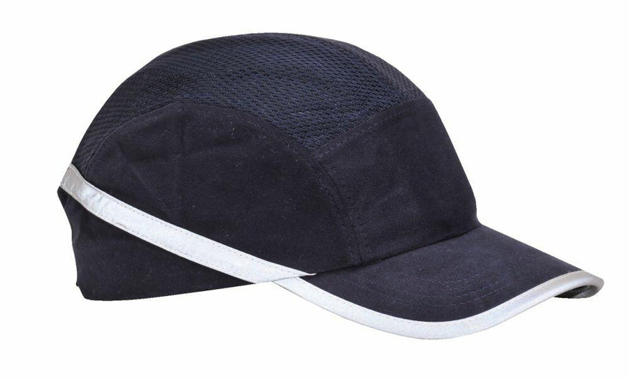 A Portwest PW099 black cap featuring a mesh top, with a reflective strip on its brim and side.
