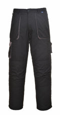 Portwest PW100 cargo pants in black, featuring front and side pockets, button closure, and straight legs, displayed on a white background.