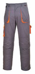 Portwest's PW100 features gray work pants accented with orange on the pockets, equipped with both cargo and standard pockets and a button closure.