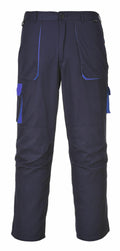 Introducing the Portwest PW100: Dark blue cargo pants featuring dual side pockets, two leg pockets, and stylish blue accents near the pocket openings, all displayed against a crisp white background.