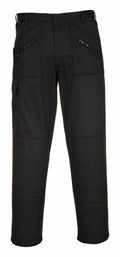 Portwest PW101 black cargo pants featuring multiple zippered pockets, displayed on a white background.