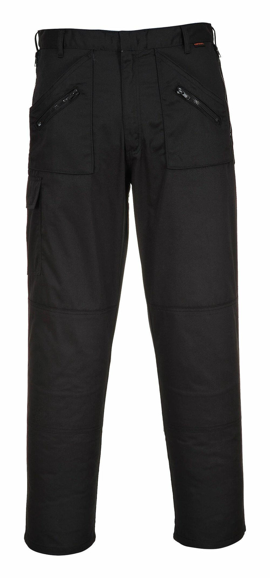 Portwest PW101 black cargo pants featuring multiple zippered pockets, displayed on a white background.