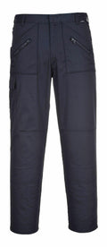 Portwest PW101 cargo pants in black featuring zippered pockets and a straight-leg fit.