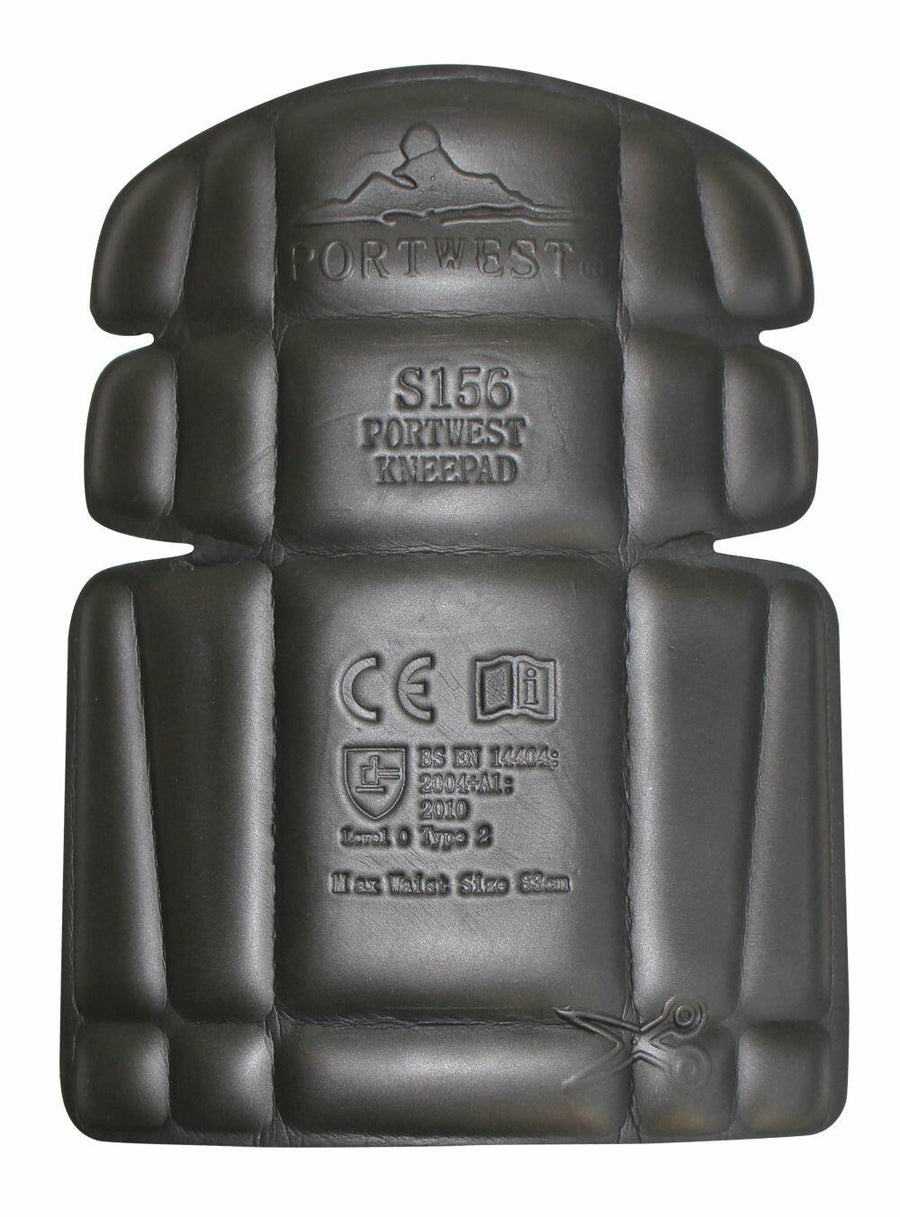 Black kneepad with embossed text and certifications, featuring the brand name "Portwest" and product name "PW102.