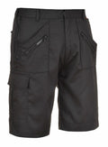 Portwest PW103 black cargo shorts featuring zipper pockets and belt loops.