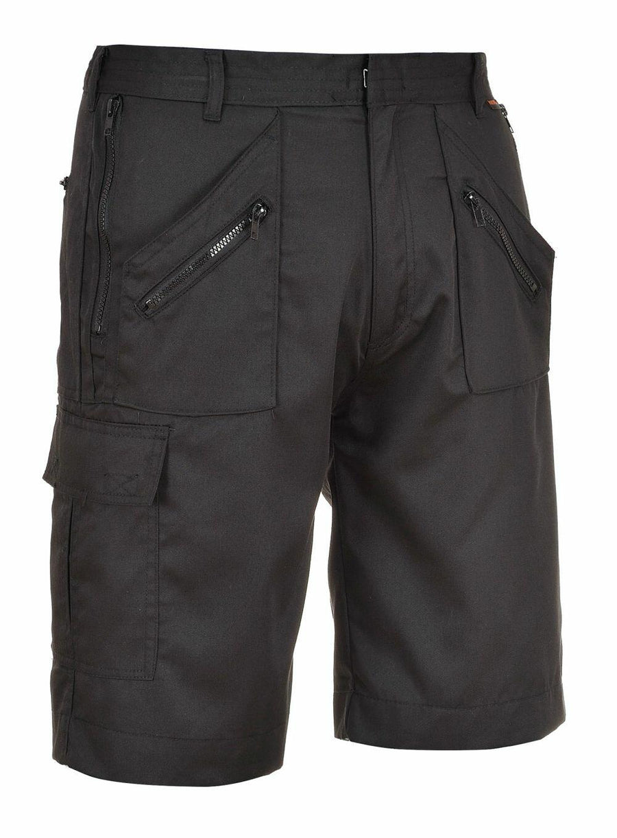 Portwest PW103 black cargo shorts featuring zipper pockets and belt loops.