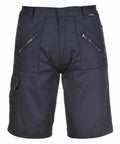 Portwest's PW103 features black cargo shorts designed with multiple zippered pockets, a button closure, and belt loops, showcased from the rear view.