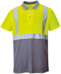 The PW109 by Portwest is a short-sleeved, high-visibility polo shirt designed with bright yellow and gray color blocks, complete with reflective stripes and a buttoned collar.