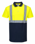 The Portwest PW109 is a high-visibility polo shirt with short sleeves, designed with a yellow fabric on the top half and dark blue on the bottom, complemented by reflective gray stripes across the chest and shoulders.