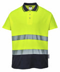 High-visibility yellow polo shirt with reflective grey bands and a black lower section, the PW110 by Portwest.