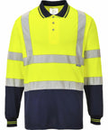 A high-visibility long-sleeve work shirt with fluorescent yellow upper and navy bottom, featuring reflective horizontal and vertical stripes, is the Portwest PW112.