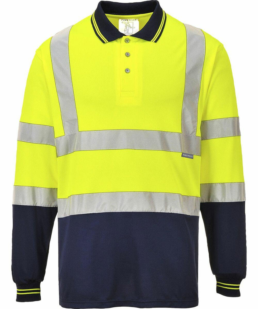 A high-visibility long-sleeve work shirt with fluorescent yellow upper and navy bottom, featuring reflective horizontal and vertical stripes, is the Portwest PW112.