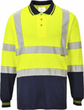 The PW112 by Portwest is a high-visibility long-sleeve polo shirt that features neon yellow and dark blue color blocks, complete with reflective silver stripes across the chest, arms, and waist.