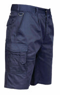 Portwest PW122 navy blue cargo shorts featuring multiple pockets and belt loops.
