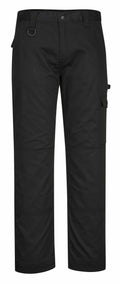 Portwest PW123 cargo pants in black, featuring pockets, belt loops, and a button closure on the waistband.