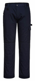 Portwest PW123 cargo pants in dark blue, equipped with a button and zip closure, and designed with side and back pockets.