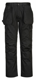 Front view of the Portwest PW124 black work pants featuring multiple pockets and reinforced knees.