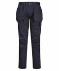 The Portwest PW124 black cargo pants, featuring multiple pockets and reinforced knees, are displayed against a plain white background.