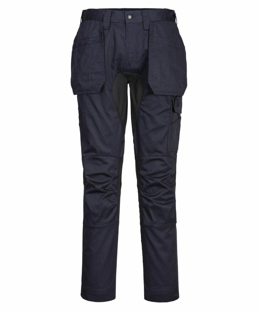 The Portwest PW124 black cargo pants, featuring multiple pockets and reinforced knees, are displayed against a plain white background.