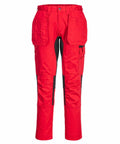 Portwest's PW124 features red work pants designed with multiple pockets and stylish black accent panels on the knees and inner legs.