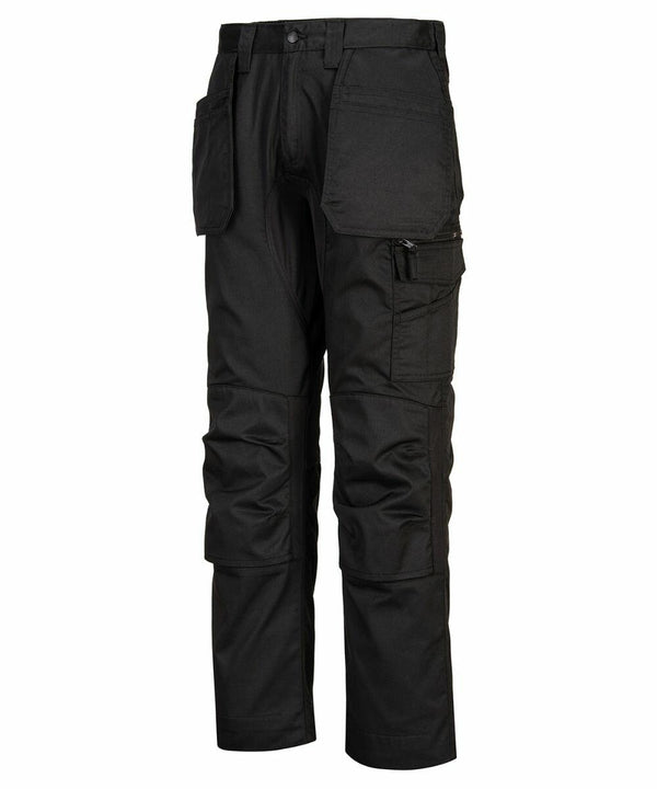 A pair of Portwest PW124 black cargo pants with multiple pockets and reinforced knee areas, shown against a white background.