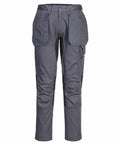 The PW124 by Portwest are gray cargo pants featuring reinforced knees and multiple pockets, showcased against a white background.
