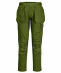 The PW124 cargo pants by Portwest are showcased against a white background. Designed in olive green, they feature multiple pockets and knee reinforcements, complete with black contrast panels on the inner thighs and knees.
