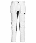 Introducing the Portwest PW124: These white trousers come equipped with multiple pockets, featuring spacious front pockets and a handy side pocket with a designated pen slot. The design is enhanced by black accents on the inner thigh and knee areas, complemented by a stylish black button fastening at the waist.