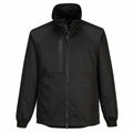 The PW125 jacket by Portwest is a black zip-up with a high collar, elastic cuffs, and a vertical chest pocket.