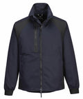 Introducing the PW125: A stylish dark navy jacket by Portwest, designed with black accents, a high collar, and a zippered front.