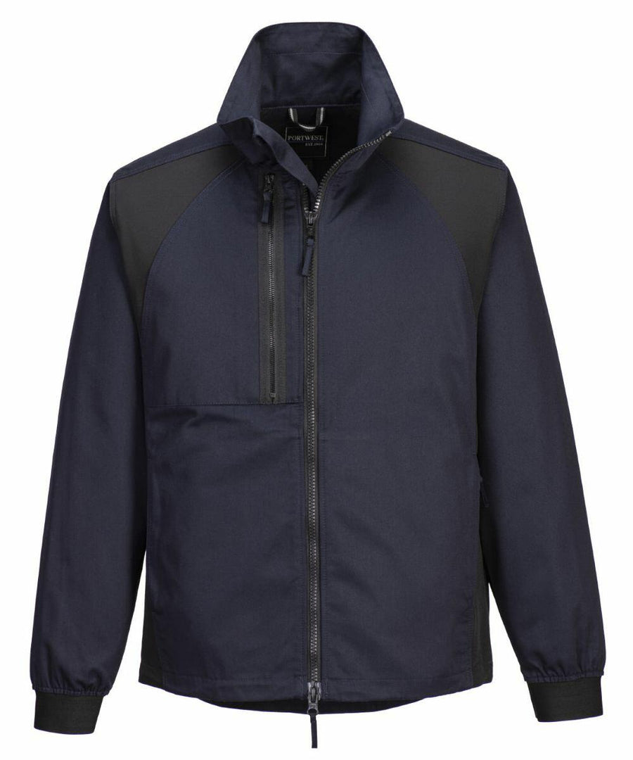 Introducing the PW125: A stylish dark navy jacket by Portwest, designed with black accents, a high collar, and a zippered front.