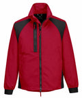 Introducing the Portwest PW125: a red zip-up jacket with black accents on the shoulders and sides, featuring a high collar and a convenient zippered chest pocket.