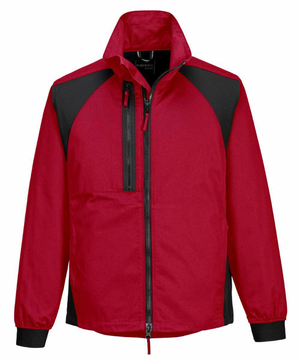 A red and black zippered PW125 jacket with a high collar and long sleeves from Portwest.