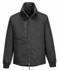 The PW125 by Portwest is a black zip-up jacket with a high collar. It includes a vertical zippered chest pocket and two side pockets, featuring elasticized cuffs and a smooth, matte finish for a sleek, modern appearance.