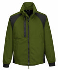 Introducing the PW125 by Portwest: This jacket comes in a green and black color scheme, featuring a front zipper and a high collar. It is designed with a vertical zip pocket on the left chest and contrasting black panels on the shoulders and sides. The sleeves are equipped with adjustable cuffs for enhanced fit and comfort.