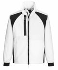 Introducing the PW125 by Portwest: a stylish white jacket featuring sleek black accents on the shoulders and upper arms. This modern sporty design includes a high collar, a convenient front zipper, and an extra vertical zippered pocket on the left chest. Its elastic cuffs ensure a comfortable fit.