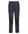 Portwest PW126 pants in dark gray feature black knee patches, a zipper fly, belt loops, and a side zippered pocket.