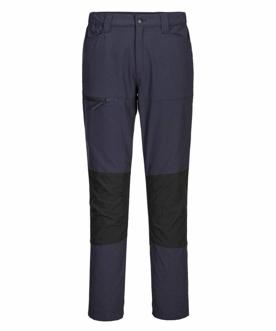 Portwest PW126 pants in dark gray feature black knee patches, a zipper fly, belt loops, and a side zippered pocket.