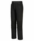 A pair of black, straight-leg PW126 pants by Portwest with a side pocket, elastic waistband, and belt loops, displayed against a white background.