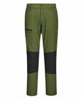 The PW126 pants by Portwest feature a green design with black knee patches and a small zippered pocket on the left thigh, complete with belt loops and a button closure at the waist.