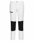 Portwest's PW126 pants feature a white design with black knee patches and a black zipper pocket on the right thigh. They come with a button and zip closure at the waist, as well as belt loops.