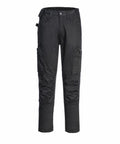Portwest PW134 cargo pants, in black with multiple pockets and reinforced knees, displayed against a white background.
