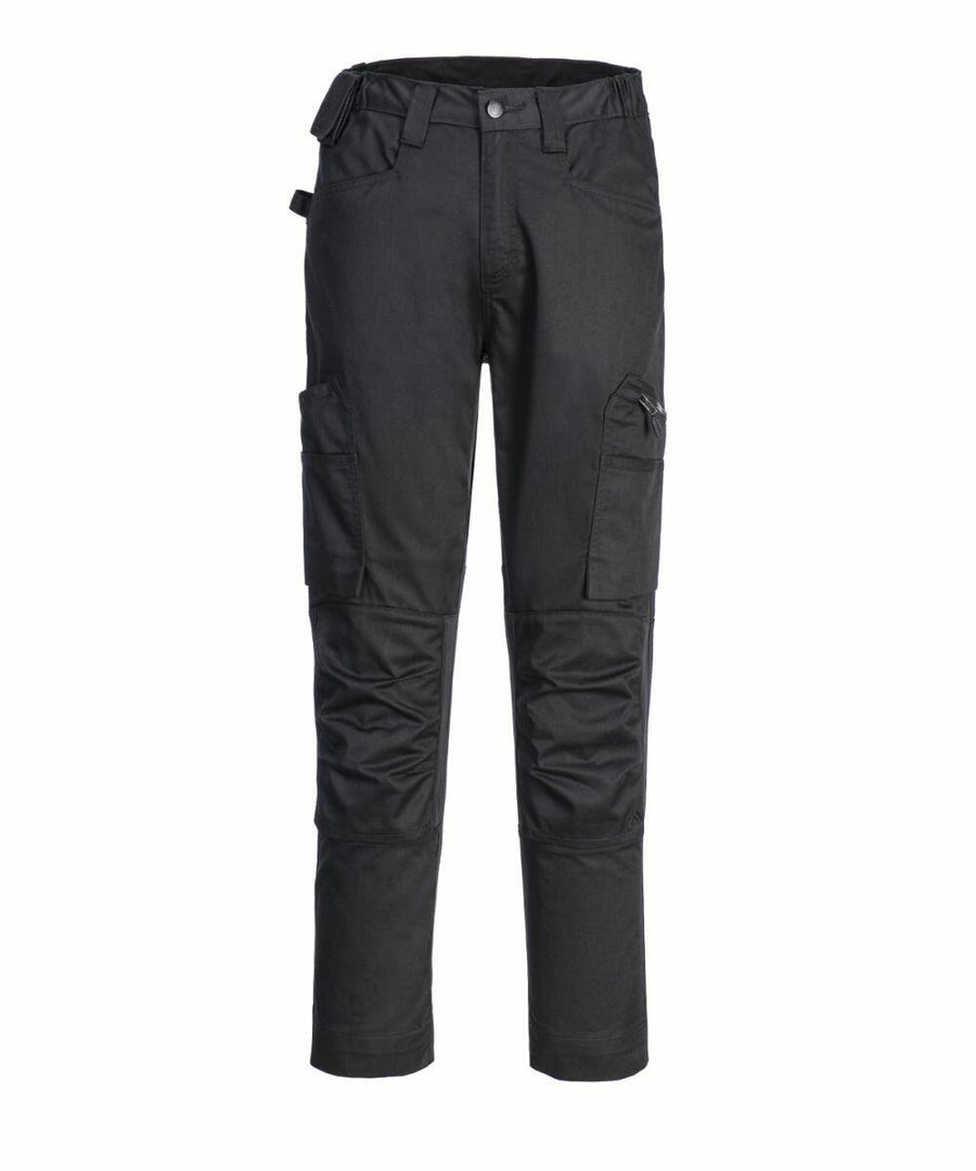 Portwest PW134 cargo pants, in black with multiple pockets and reinforced knees, displayed against a white background.